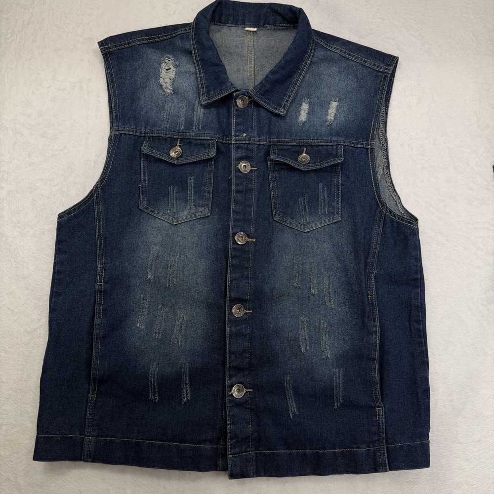 Women's XL Distressed Denim Vest Blue Jean Button Flap Front Pockets